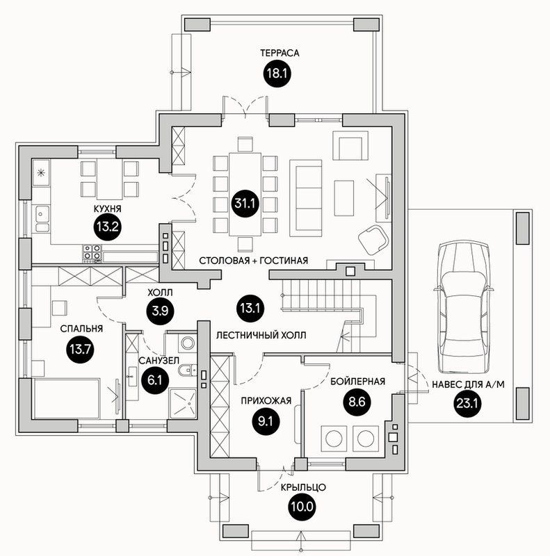 Планирока 1-го этажа в проекте Современный двухэтажный дом DK-191