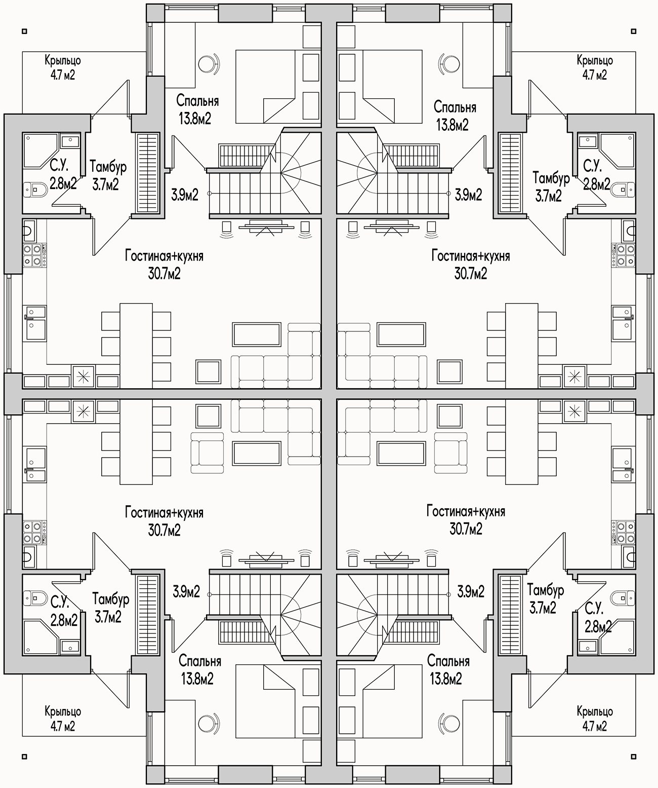 Планирока 1-го этажа в проекте Таунхаус на 4 семьи KP-104
