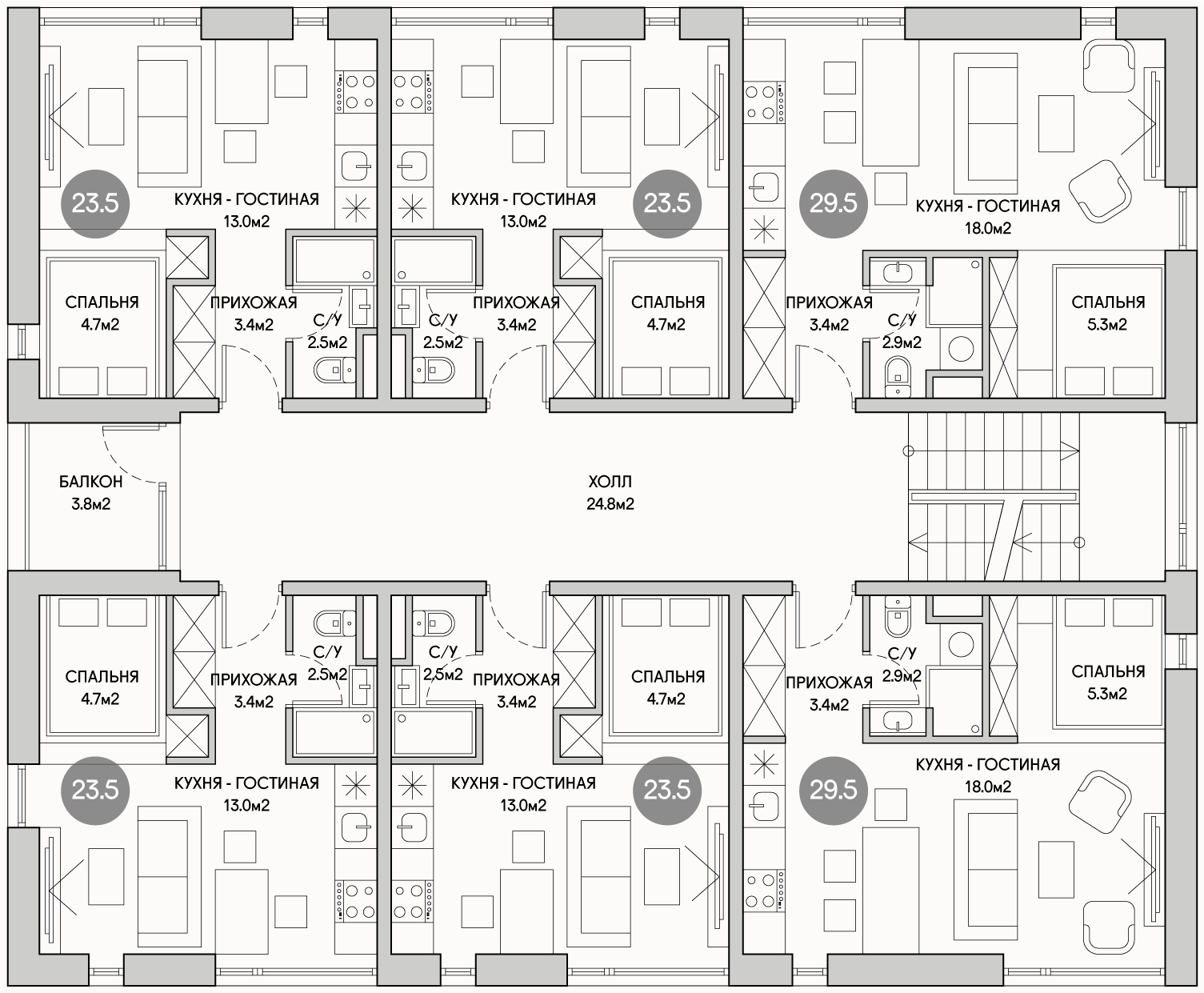 Планирока 2-го этажа в проекте Дом коливинг на 15 квартир студий MK-615