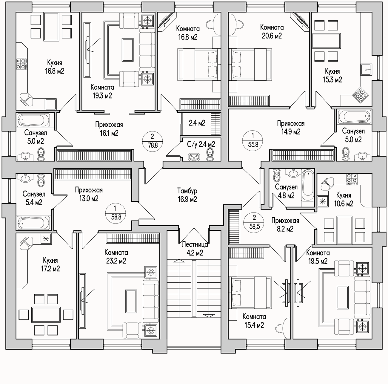 Планирока 2-го этажа в проекте Трехэтажный дом на 12 квартир MK-312