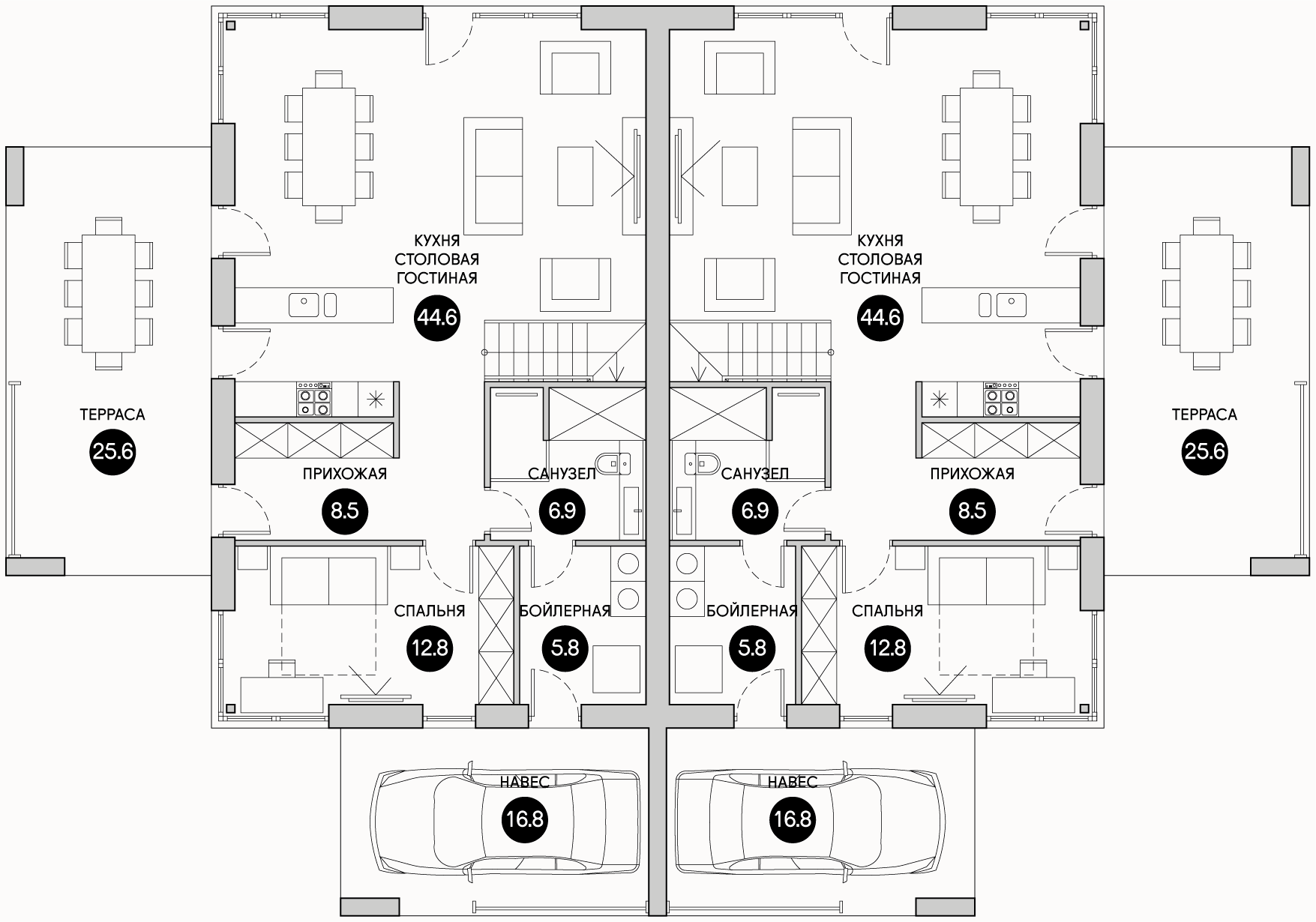 Планирока 1-го этажа в проекте Дуплекс с эксплуатируемой кровлей TD-140