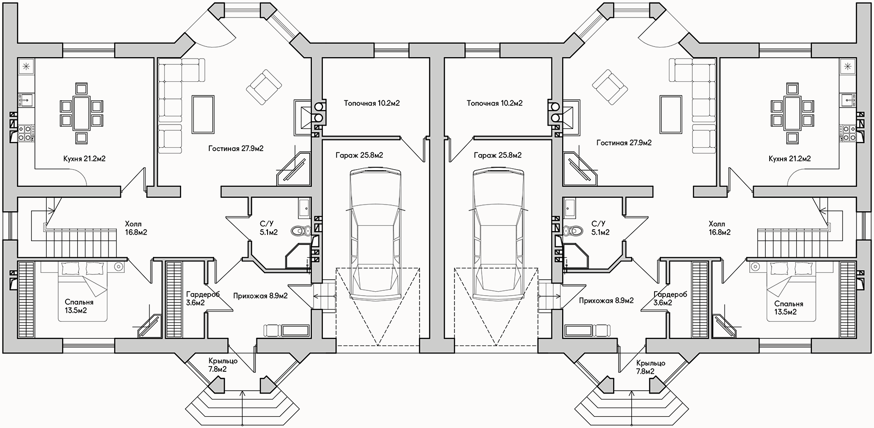 Планирока 1-го этажа в проекте Просторный таунхаус с гаражом TP-290