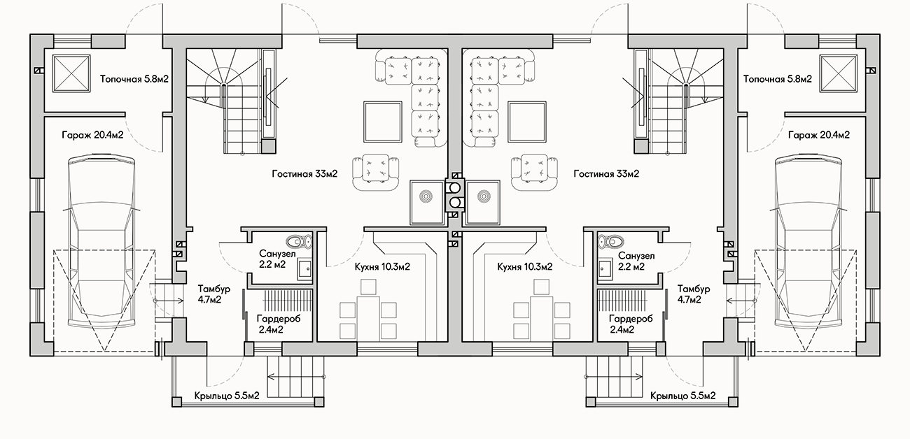 Планирока 1-го этажа в проекте Таунхаус с гаражом TP-185